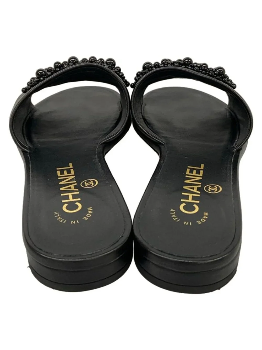 Chanel Sandals 35 C Black Beads CC Logo Open Toe Leather